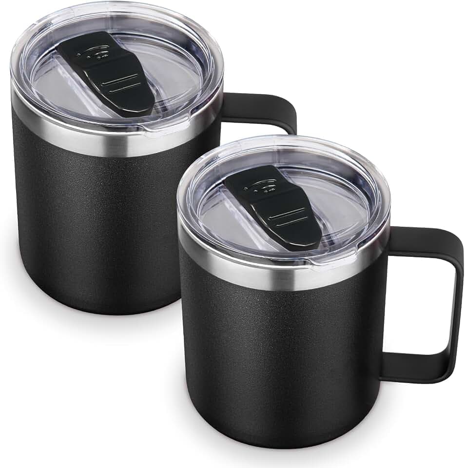 Volhoply 420ml Kaffee-Thermobecher, doppelwandiger Vakuum-isolierter Edelstahlbecher mit Griff, lebensmittelechter 18/8-Edelstahl, hält Getränke heiß und kalt für Camping, Büro (Schwarz, 2er-Set)