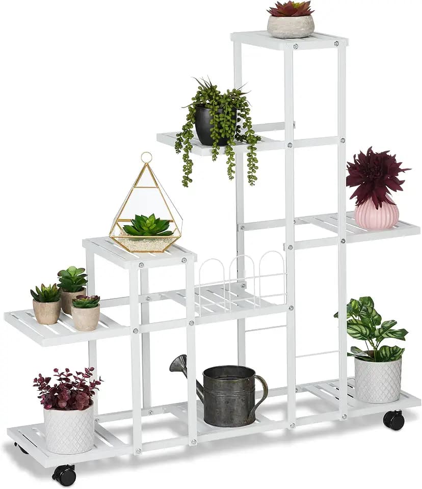 Relaxdays Blumenständer mit Rollen, H x B x T: 91,5 x 93 x 26 cm, Metall, 9 Ablagen, Pflanzenständer für innen, weiß