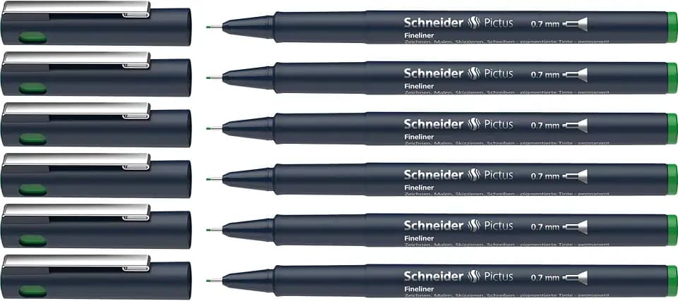 Schneider Pictus Fineliner (Strichstärke 0,7 mm, dokumentenechte Pigmentliner, metallgefasste Spitze, Gehäuse aus 85% recyceltem Kunststoff) 6er Pack, grün