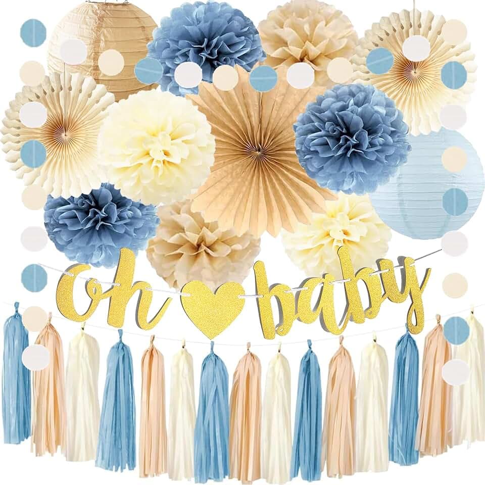 Licht Staubig Blau Beige Baby Dusche Party Dekorationen Seidenpapier Pompons Papier Laternen Fans Tassel Girlanden für Jungen Mädchen Neutrale Baby Dusche Geschlecht Enthüllen Party Dekoration