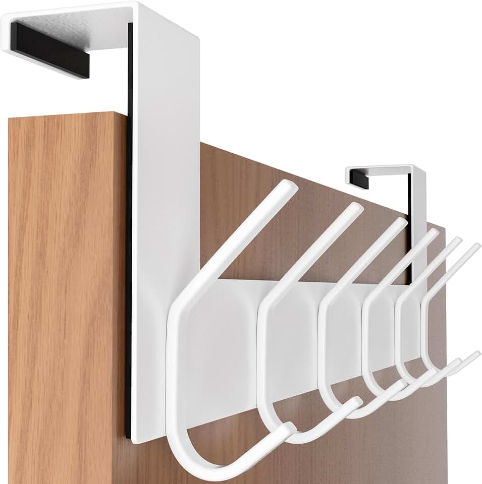 SKOLOO Türgarderobe zum Einhängen - für Türen bis 4,5 cm Dicke, Edelstahl Türhakenleiste mit 6 Haken, Tür-Hakenleiste für Mäntel, Hüte, Handtücher, Jacken, Weiß