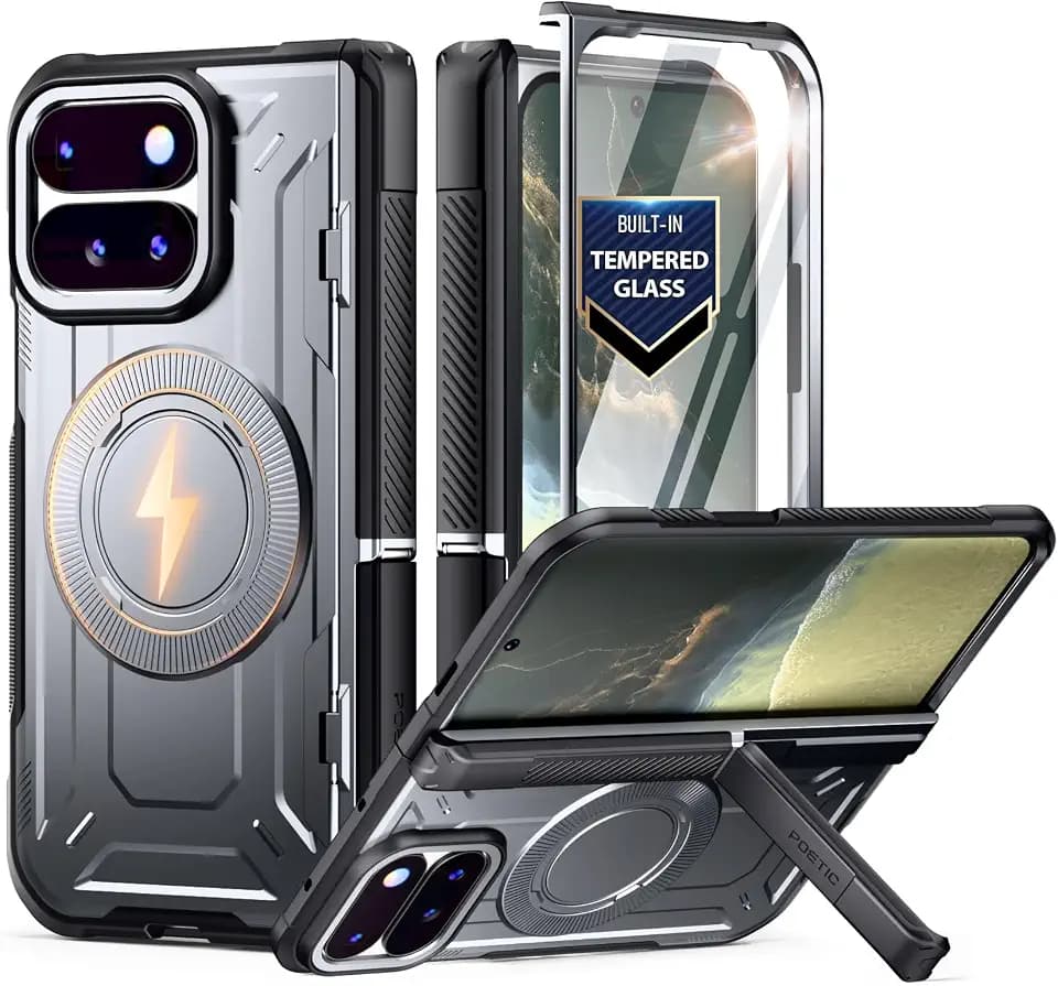 Poetic Rugged Case for Google Pixel 11 Pro Fold, MagSafe Full-Body Protective Cover with Built-in Kickstand & Tempered Glass Screen Protector, Military Grade Drop Proof - Metallic Gun Metal