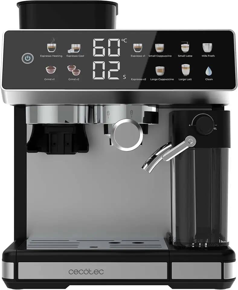 Cecotec Barista Power Espresso 20 Barista Grind & Latte, Kaffeemaschine | 1350 W, 20 Bar, Konische Mühle, 2,6L Wassertank, 100 g Kaffee und 500 Ml Milch, Touchscreen, Selbstreinigung