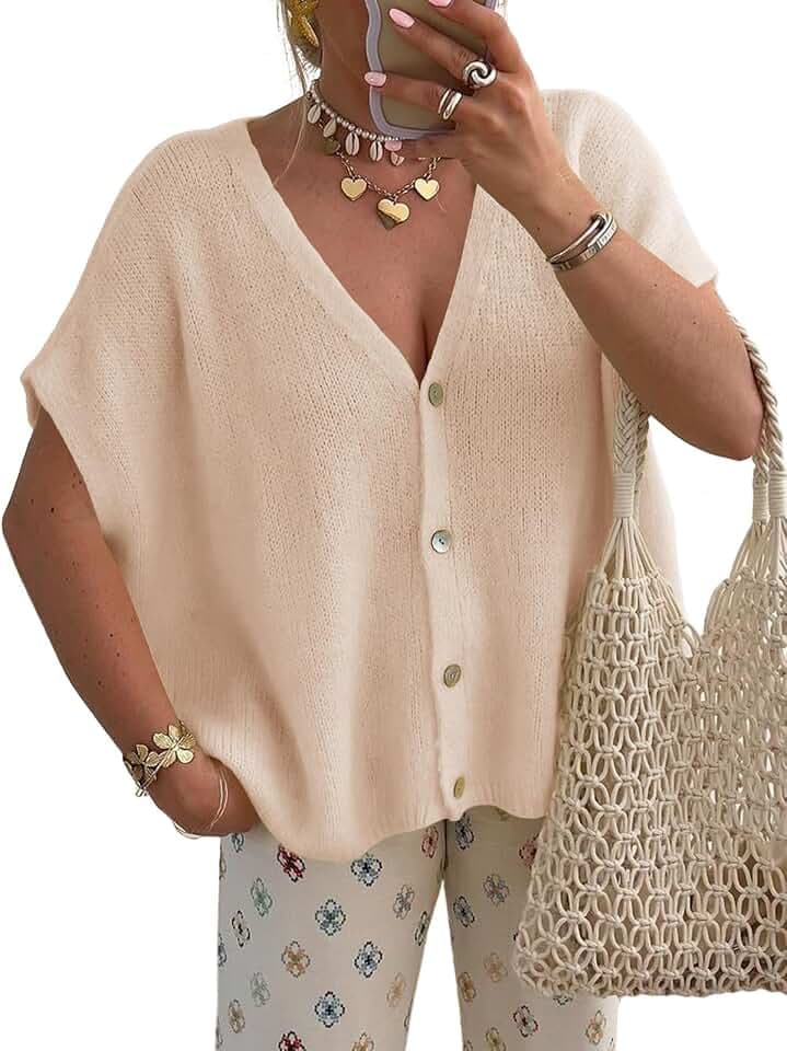 Saodimallsu Womens Fall Short Sleeve Cardigans Sweater Oversized Tops