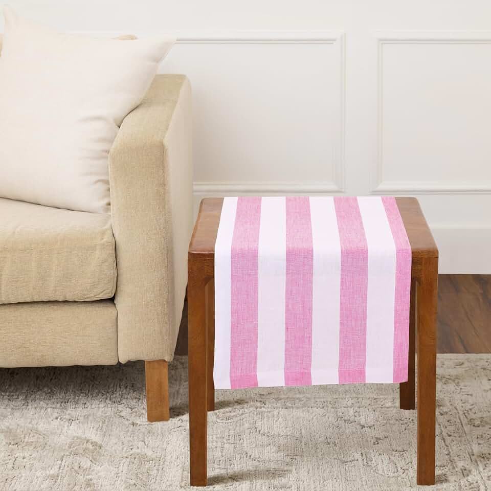 Solino Home 100% Pure Linen Table Runner, 14 x 36 in, Pink and White Stripe