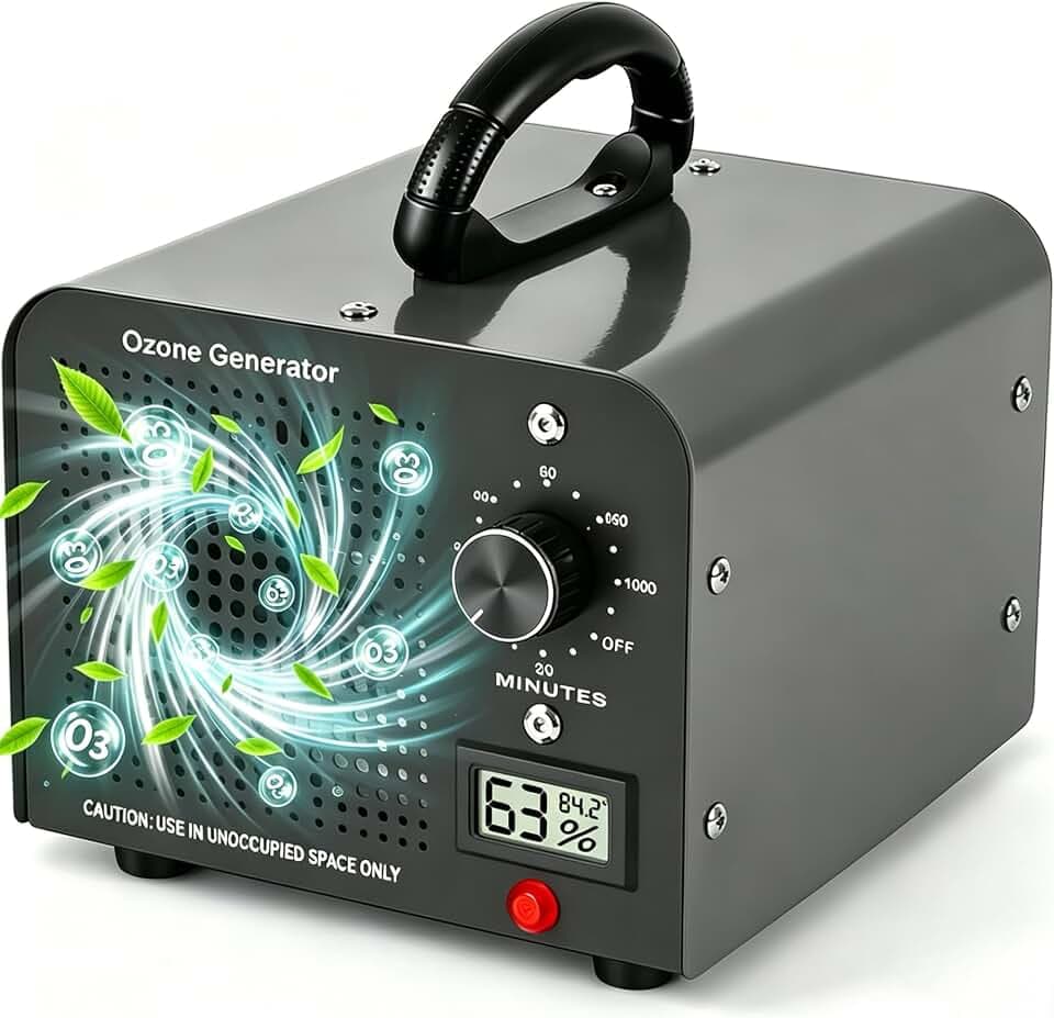 Ozongenerator 60000 mg/h, Ozongerät Industrielles Ozon-Gerät mit 120-Minuten-Timer, Temperatur, Luftfeuchtigkeit, Ozongerät bis zu 350㎡ O3 Ozonisator für Garagen Wohnung Hotels Küche Haustiere