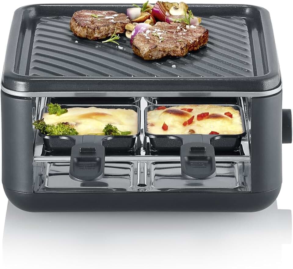 SEVERIN Mini Raclette-Grill für 4 Personen, kleines Raclette mit antihaftbeschichteter Grillplatte, Extra Tiefe Pfännchen, Kompakter Tischgrill, 600W Leistung, Black Line, RG 2360