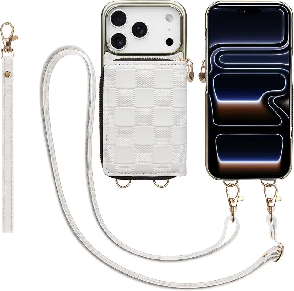 for iPhone 18 Pro/iPhone 17 Pro 6.3'' Wallet Case, Crossbody Zipper Purse with 4 Card Slots RFID Blocking, Lanyards & Wrist Straps, Flip Leather Folio Cover with Kickstand, White
