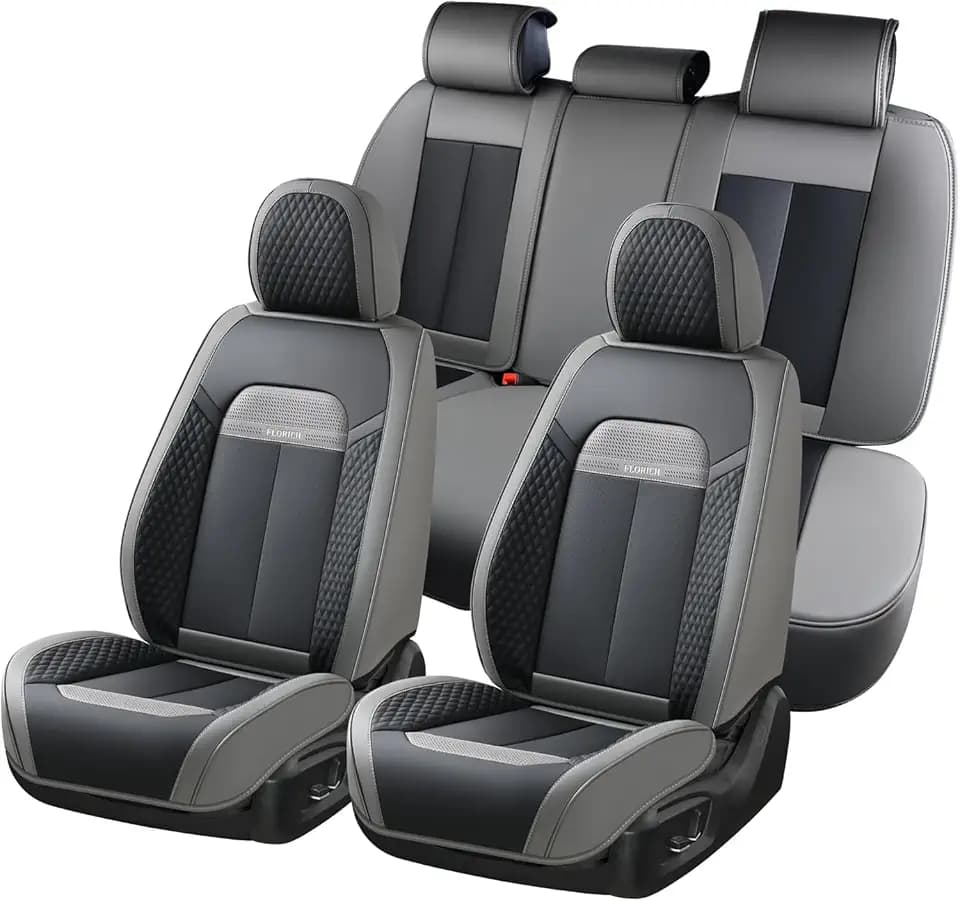 FLORICH Full Set Car Seat Covers 5pcs, Breathable Waterproof Nappa Leather Seat Covers, Gary Seat Covers, Automotive Interior Cover Universal for Cars SUV Truck Sedan - Gary&Black