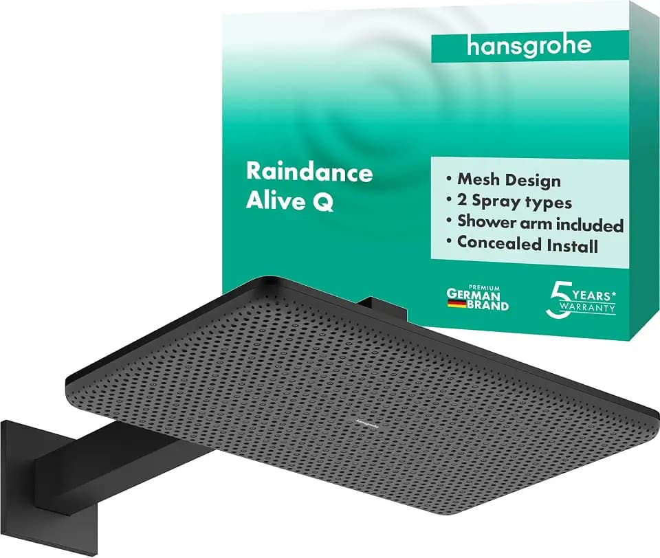 hansgrohe Raindance Alive Q - wassersparende Kopfbrause (EcoSmart) mit Brausearm, Duschbrause (34 x210mm), Regendusche mit 2 Strahlarten für Wandmontage, mit Antikalk-Funktion, Mattschwarz, 24551670