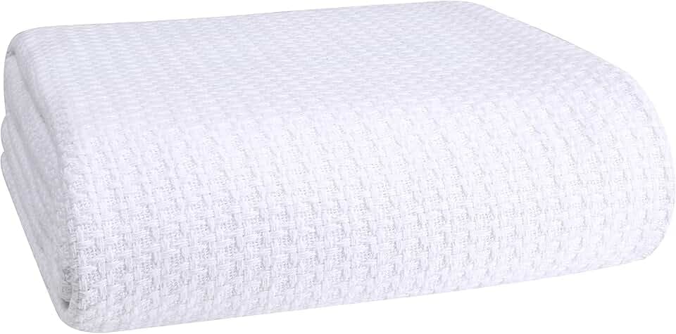 Belizzi Home 100% Cotton Bed Blanket, Breathable Bed Blanket Full Queen Size, Cotton Thermal Blankets Full Queen, Perfect for Layering Any Bed for All Season, White