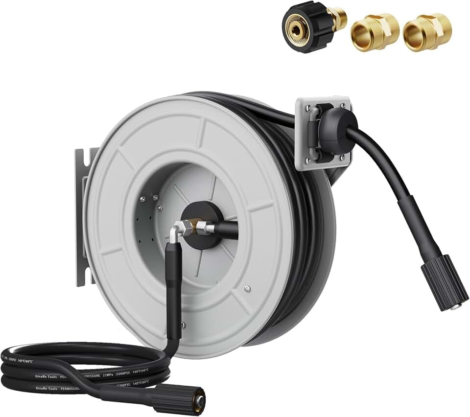 Giraffe Tools Pressure Washer Hose Reel 60ft, 2600 PSI Power Washer Hose Reel, Pressure Washer Retractable Hose Reel, Heavy Duty, Wall/Floor Mounted