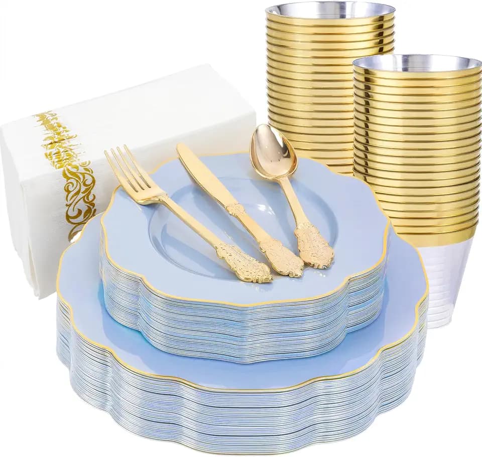 NOCCUR 175PCS Blue Plastic Plates with Gold Disposable Silverware - Include 50 Light Blue and Gold Plastic Plates,25 Knives,25 Forks,25 Spoons,25 Cups and 25 Napkins - Baby Shower/Party/Spring/Wedding