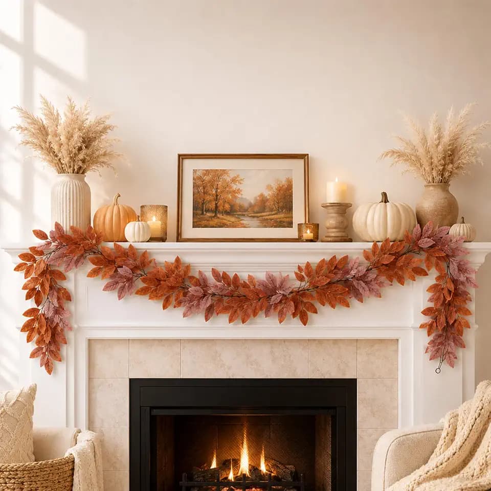 RAINFLOW Thanksgiving Garland 6.56FT Brown Fall Leaves for Home Decor