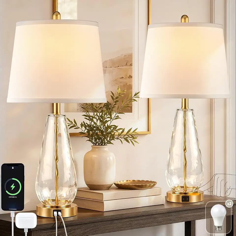 27'' Glass Table Lamps Set of 2 for Living Room, Gold Modern Lamps