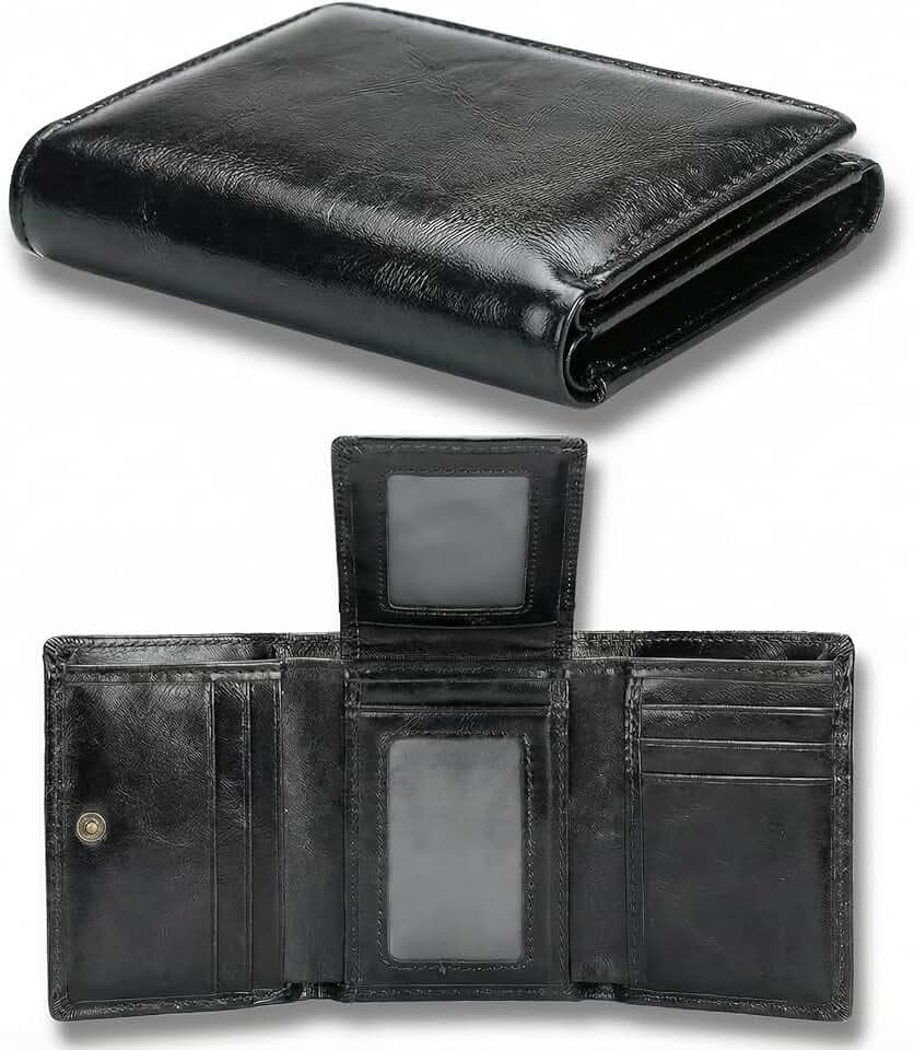 Mens Leather Trifold Wallet, RFID Blocking, Gift Box, Black