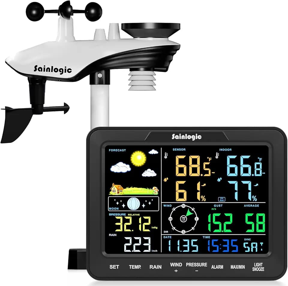 Sainlogic 12-in-1 Weather Stations Wireless Indoor Outdoor, Weather Station with Rain Gauge, Wind Speed/Direction, Outdoor Dew Point, Air Pressure, Barometer,Temperature/Humidity (No WiFi)