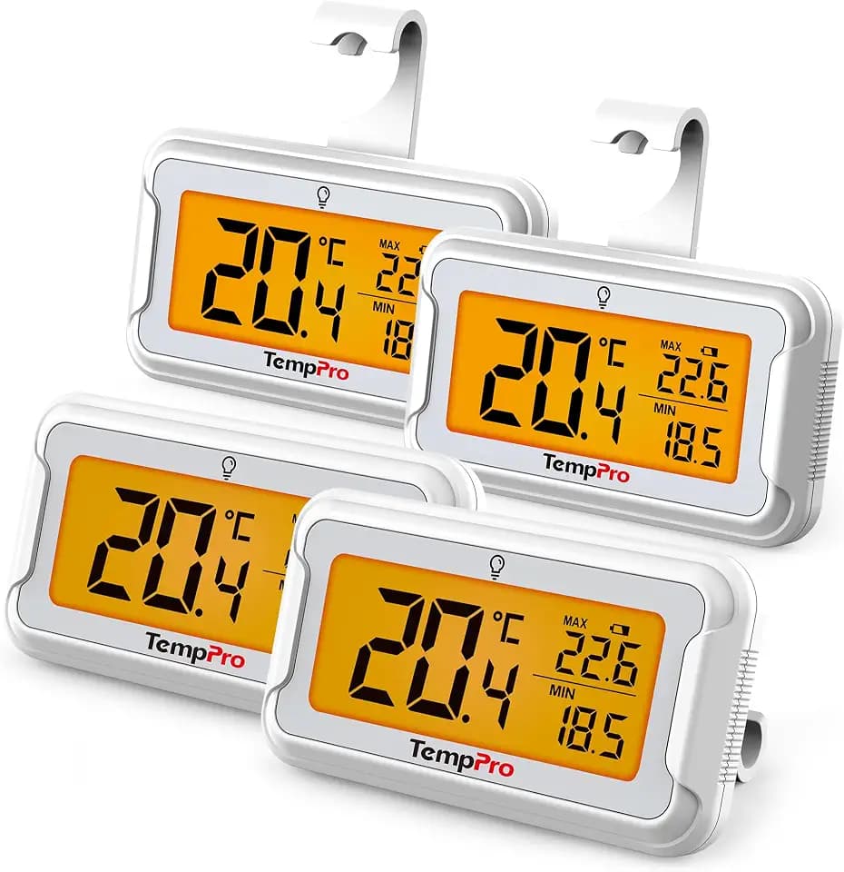 TempPro Kühlschrankthermometer Digital, Gefrierschrank Thermometer 4 Stücke | Digitales Kühl- & Gefrierschrankthermometer mit MIN/MAX-Speicher, Beleuchtung, °C/°F, zum Hängen & Stellen ( Ex-ThermoPro )