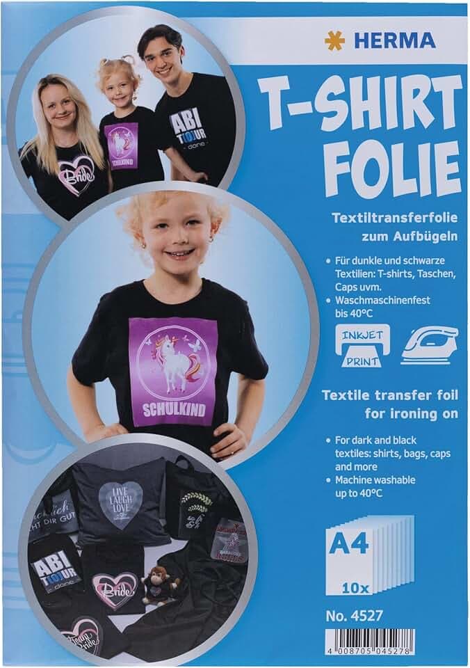 HERMA Transferpapier für dunkle Textilien, A4 Inkjet Bügelpapier zum Bedrucken & Aufbügeln, 10 Blatt, Transferfolie für schwarzen Stoff, Bügelfolie zum Selbstgestalten, Bedruckbare T-Shirt Textilfolie