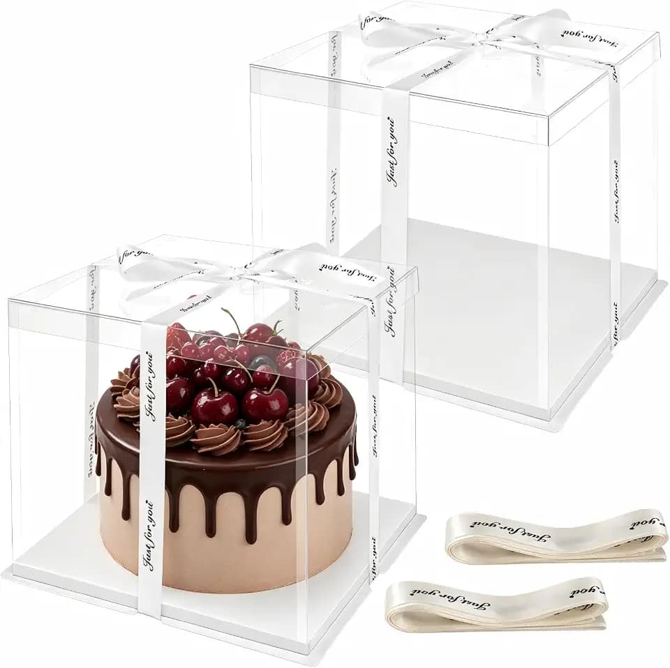 2Stk Tortenbox Transparente 30x30x25CM, Geschenkbox Durchsichtig für Kuchen, Tortenschachtel Hoch,Wiederverwendbar Tortentransportbox mit Weiß Sockel und Band, Cake Box für Geburtstag Gebäck