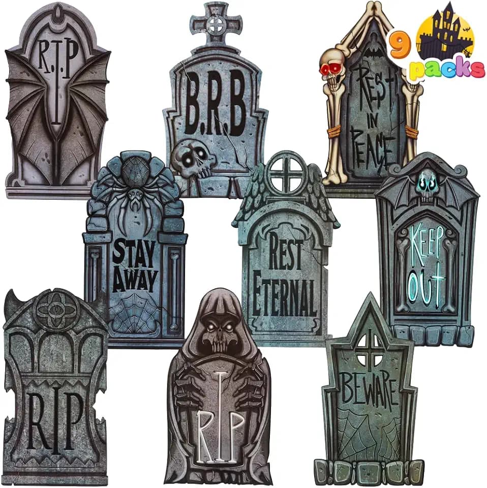 JOYIN 16" 9 Pcs Halloween Tombstones Decorations Outdoor Graveyard Decor, Yard Lawn Cemetery Plastic Headstones with 18 Metal Stakes For Halloween Indoor Prop Decorations, Party Decor Supplies