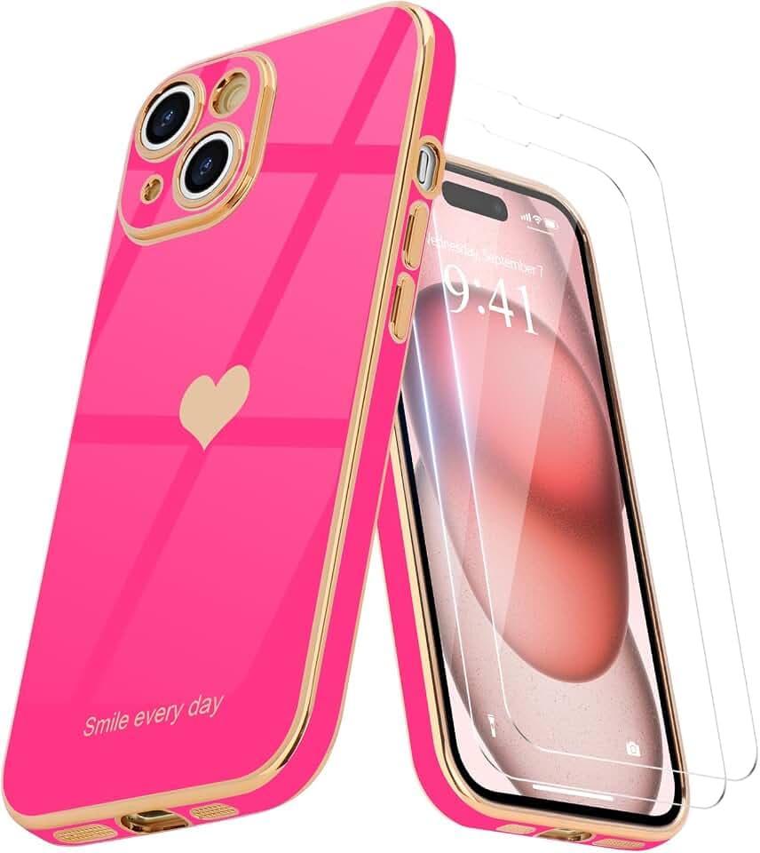Teageo für iPhone 15 Hülle+2 Schutzfolie Herzmuster, RoseRot