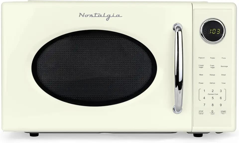 Nostalgia Retro 1000W Microwave Oven 1.1 Cu Ft Capacity – Child Safety Lock, 8 Auto-Cook Settings – Countertop Kitchen Appliance – Ivory
