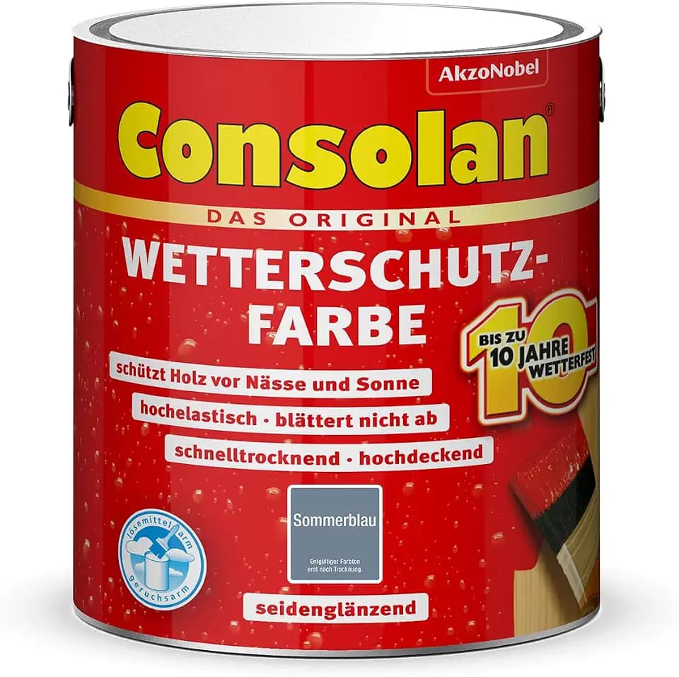 Consolan Wetterschutzfarbe, Deckender Holzschutz für Außen, Sommerblau, 2,5L