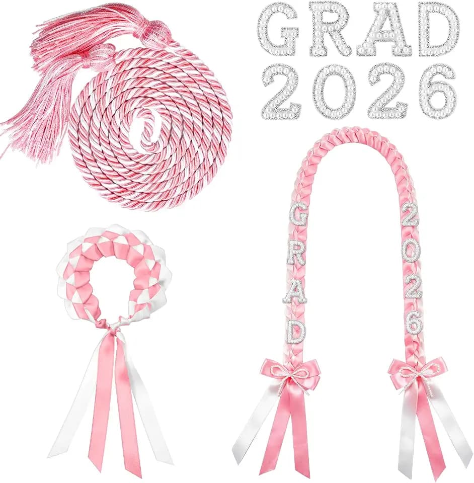 3 Pcs Pink and White Graduation Leis Grad Honor Cord and Bracelet Set