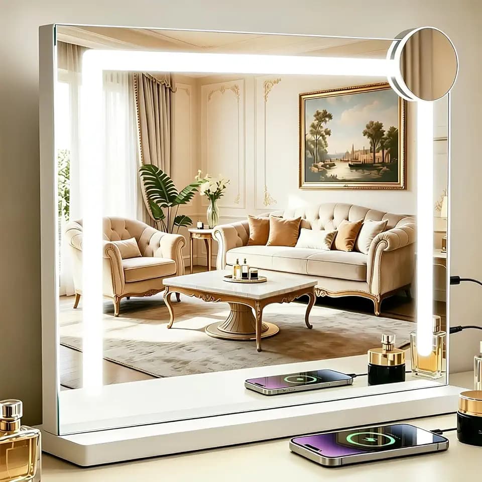 Hollywood Schminkspiegel mit Beleuchtung - 50x40cm Dimmbare LED Spiegel mit 3 Farblichtmodi, 5 Facher Vergrößerung Spiegel, USB Anschluss für Schlafzimmer, Ankleidezimmer