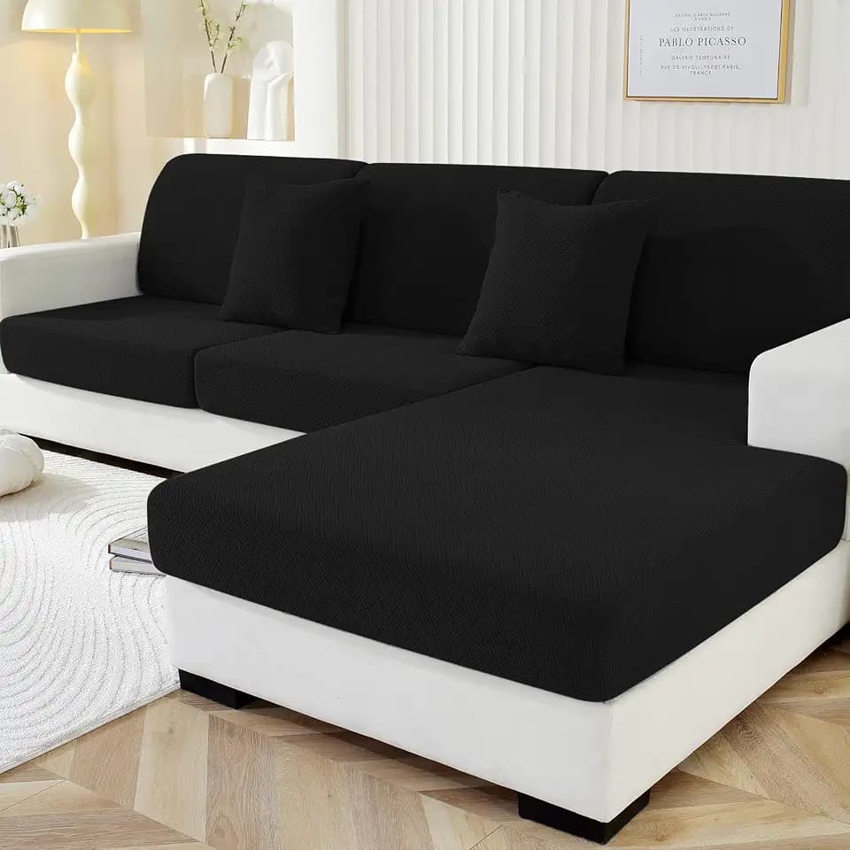 YSTELLAA Stretch Sofa Sitzkissenbezug, Sitzkissen Bezug rutschfest, Elastischer Kissenbezüge, Sofa Überzug Wohnzimmer, Sofa Sitzkissen Sofaschoner, Schwarz, 1 Sitzer*3+Chaiselongue