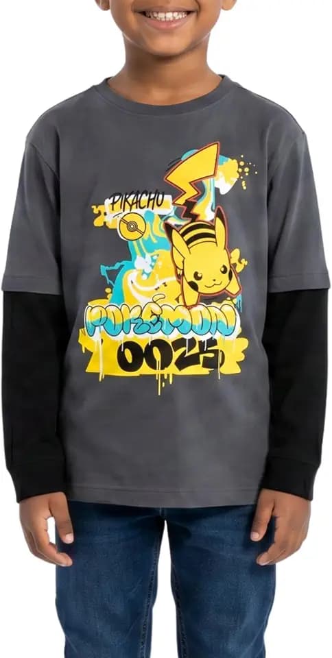 Pokémon Pikachu Boys’ Long Sleeve Twofer T-Shirt – Graffiti Everywhere Graphic Tee, Sizes XS–XL