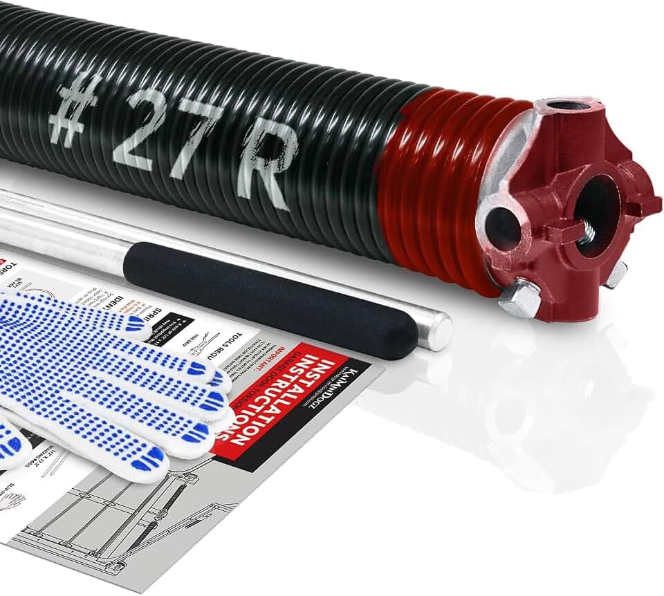 Right Hand Wind (Red Cone) 2" Garage Door Torsion Spring with Non-Slip Winding Bars & Gloves for Replacement, High Precision Electrophoresis Black Coated, MIN 16,000 Cycles (0.225x2"x27")