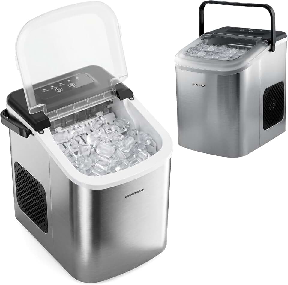 Berdsen Eiswürfelmaschine 12 kg/24 h - 9 Eiswürfel in 6-8 Minuten - Eiswürfelbereiter mit 2 Größen S und L - kompakt für Cocktails, Drinks und Getränke - selbstreinigend - Silber
