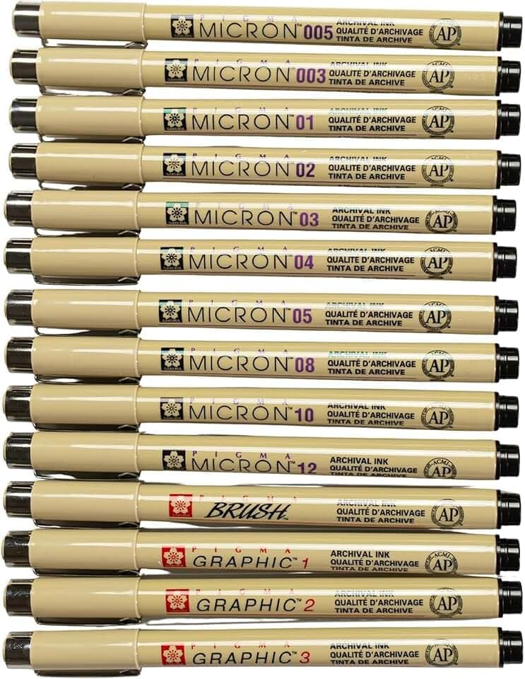 SAKURA Pigma Micron 6 Fineliner schwarz 003,005,01,02,03,04,05,08,10,12,1 mm, 2,0 mm, 3,0 mm, Pinsel