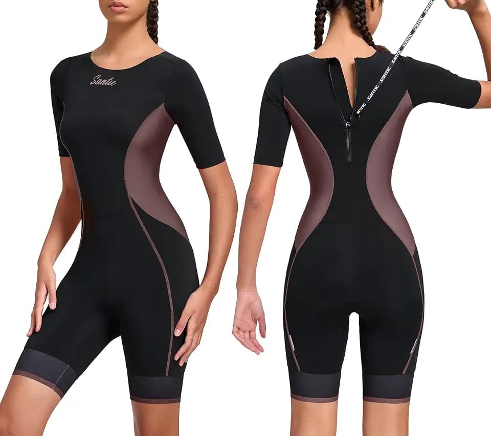 Santic Triathlon Suit for Women Short Sleeve Padded Trisuit Quick-Dry for Swim Bike Run