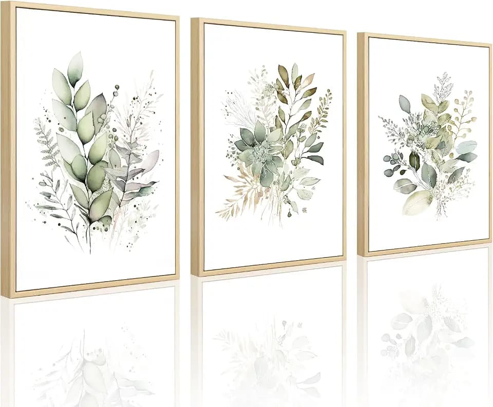 Joocrise Watercolor Botanical Wall Art Set of 3 Boho Floral Canvas Wall Decor Prints Sage Green Wildflower Wall Art Modern Flower Pictures Botanical Painting for Bedroom Bathroom 16x24 Inch Framed