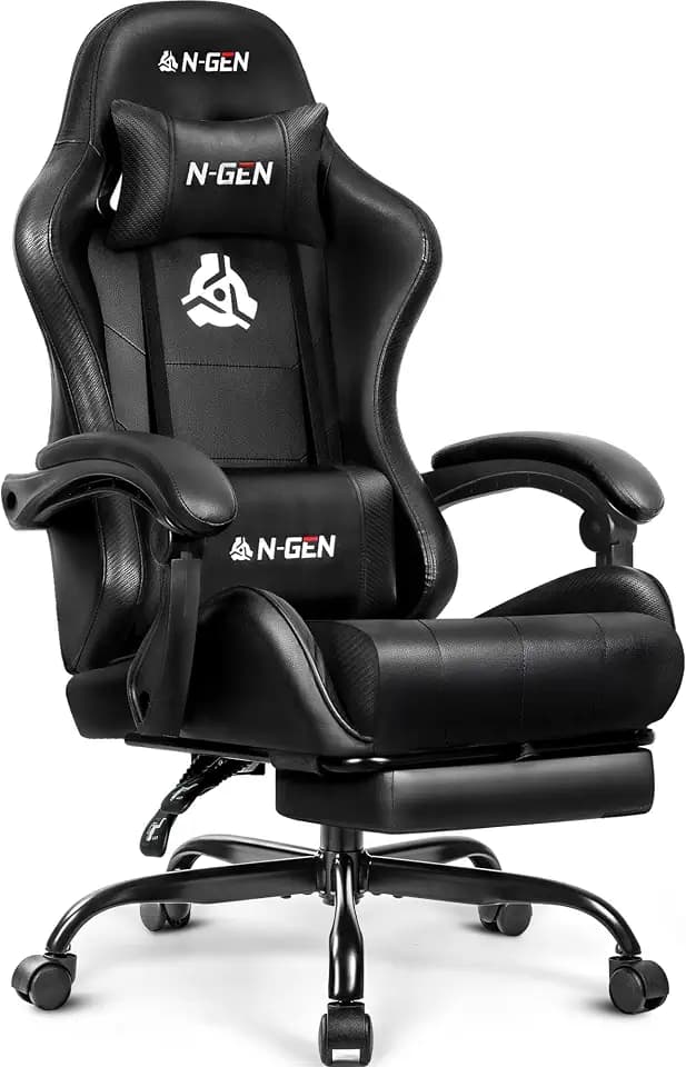N-GEN GAMING Gaming Chair with Footrest, Lumbar, High-Back, All Black