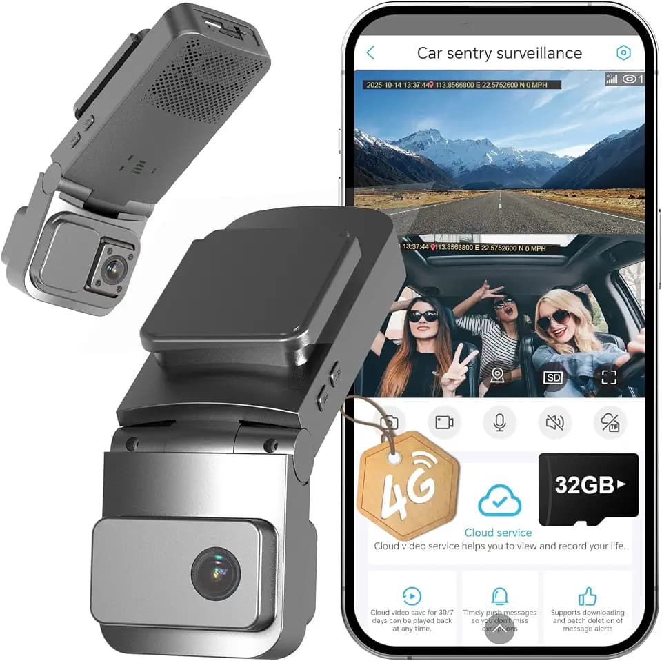 4G LTE Dash Camera with Remote View, Car Security Camera with Dual Front and Inside Camera, Cellular DashCam with GPS Tracking, Radar Detection, G-Sensor, OBD II Power, 24/7 Parking Monitor