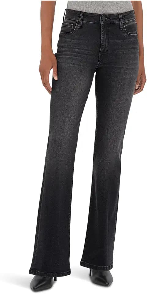 KUT from the Kloth Ana High-Rise Fab Ab Flare Raw Hem in Wave/Euro Base Wash