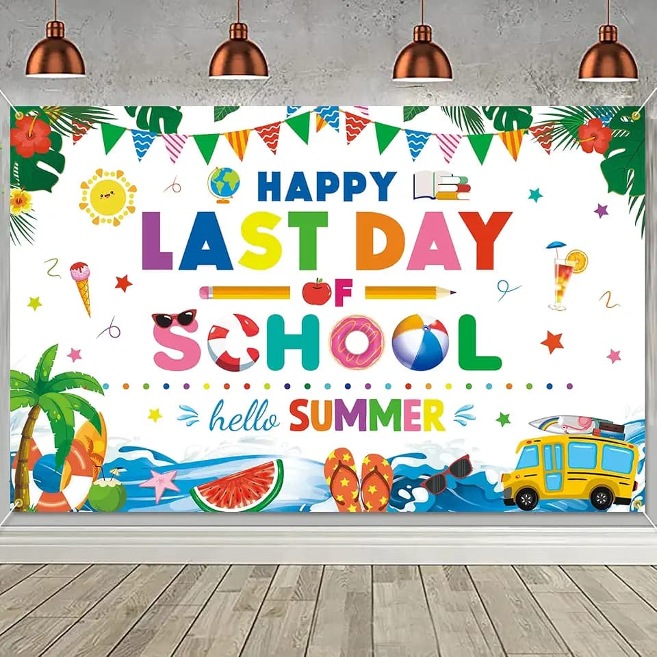 Happy Last Day of School Hello Summer Backdrop Banner End of School Year Theme Backdrop Last Day of School Photo Booth Props Summer Vacation End of School Party Background Decoration