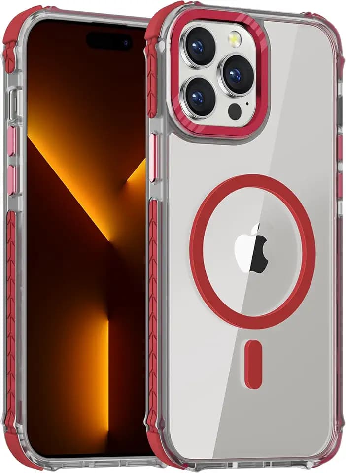 DEERLAMN Strong Magnetic Case for iPhone 15 Pro Max 6.7-Inch, Clear Red