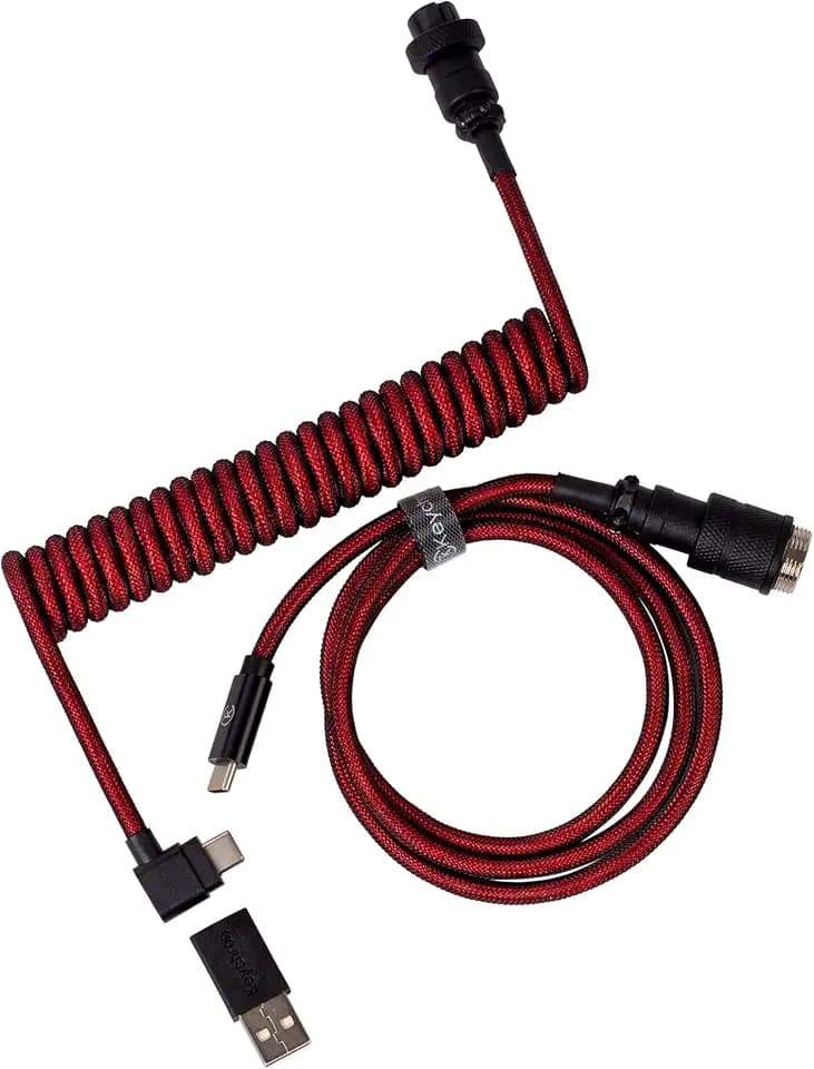 Keychron Premium Coiled USB-C Angled Red Cable, 5-Pin GX16 Detachable Metal Connector, USB-A Adapter, Double-Sleeved Design, for Mechanical Keyboards, Charging and Data Sync