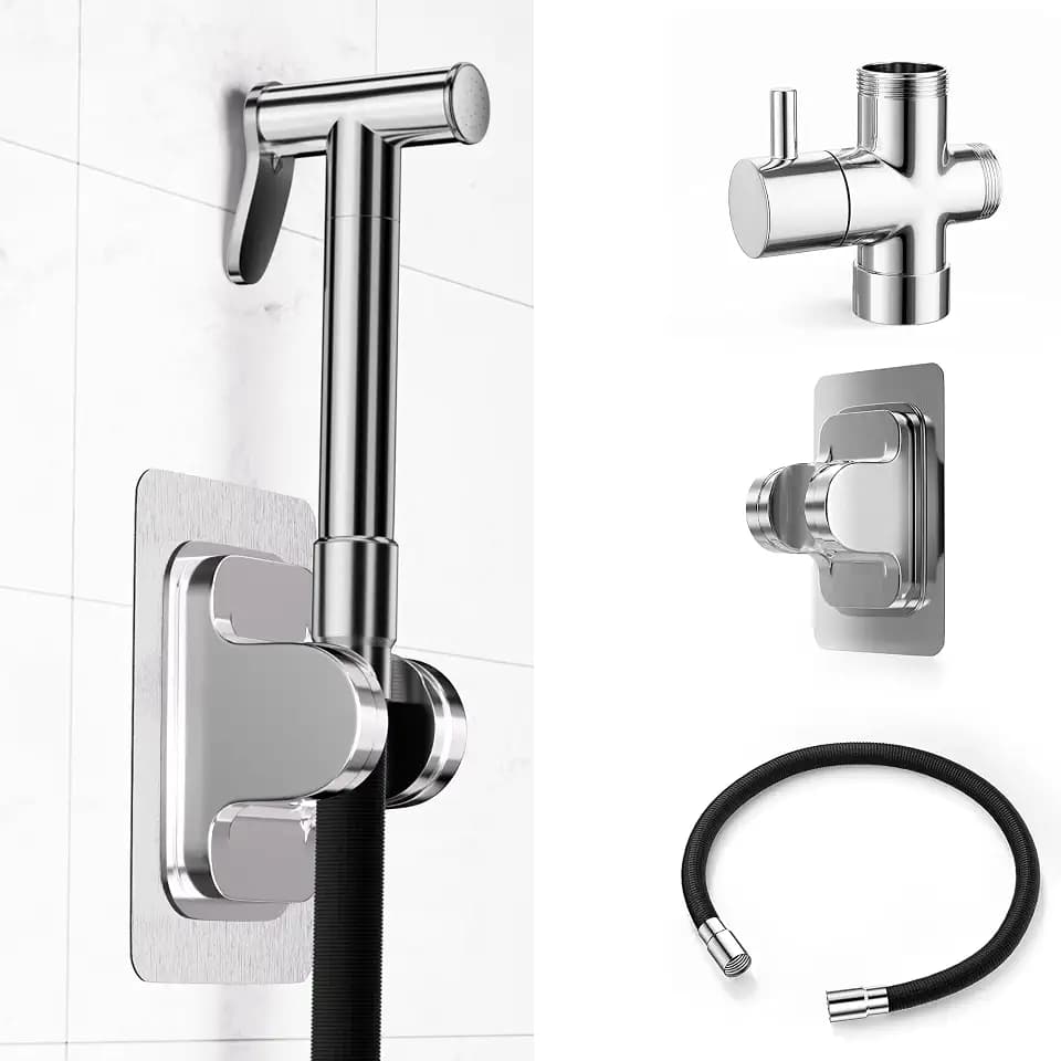 Non-Plastic Handheld Bidet Sprayer for Toilet, Zinc Alloy Wand with 5ft Black Expandable Recoil Nylon Hose, Stainless Steel T-Valve, No-Drill Adhesive Toilet Mount Kit for Personal Hygiene（Black）