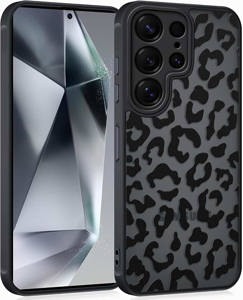 Coqinen Handyhülle für Samsung Galaxy S24 Ultra Hülle, Matt Transluzente Case mit Stilvolle Leopard Muster, Silikon Aesthetic Schutzhülle mit Kratzfeste PC Rückseite + Stoßfest TPU Bumper - Schwarz