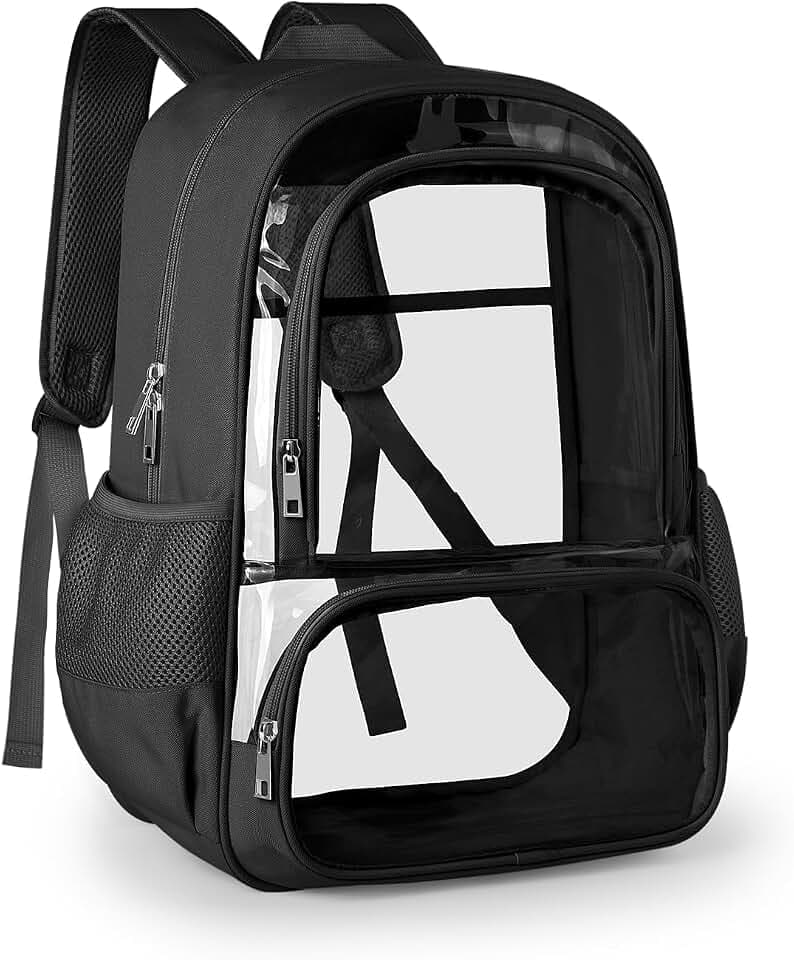 KIMNERPU Clear Backpack, PVC Fabric Bookbag Reinforced Straps, Black