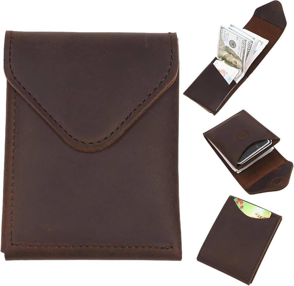 Slim Cash Wallet for Men - Minimalist Card Hoder - Flap Magnetic Closure - Full Grain Leather (Dark Brown)