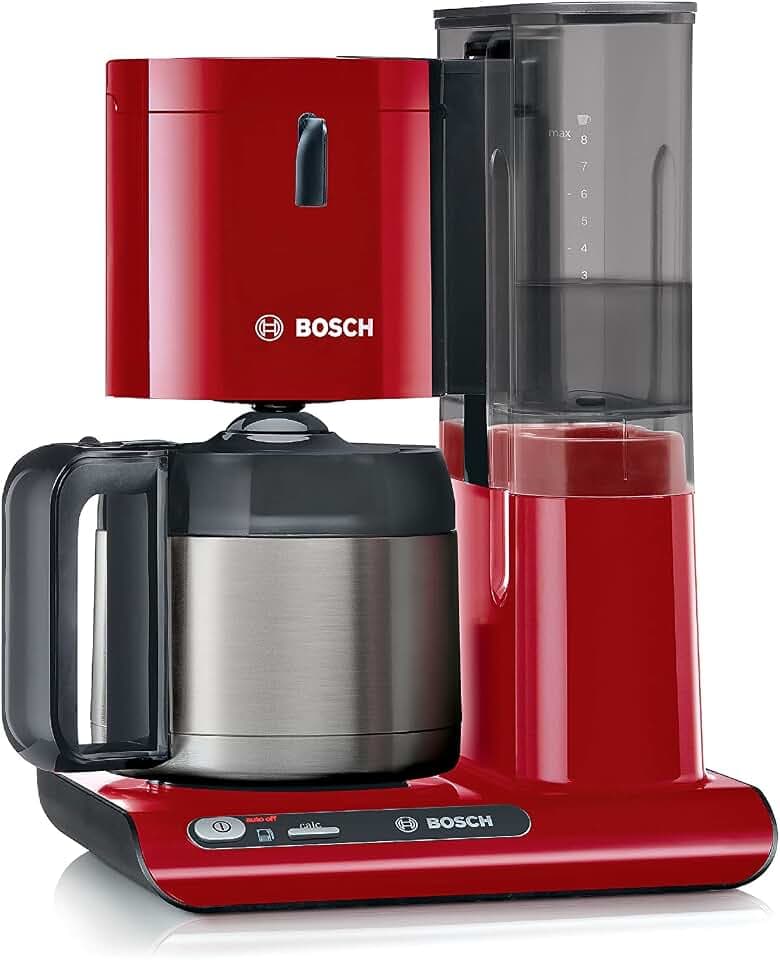 Bosch Filterkaffeemaschine Styline TKA8A054, Edelstahl-Thermokanne 1,1 L, für 8-12 Tassen, abnehmbarer Wassertank, Tropfstopp, schwenkbarer Filterträger, Kabelstaufach, 1100 W, rot