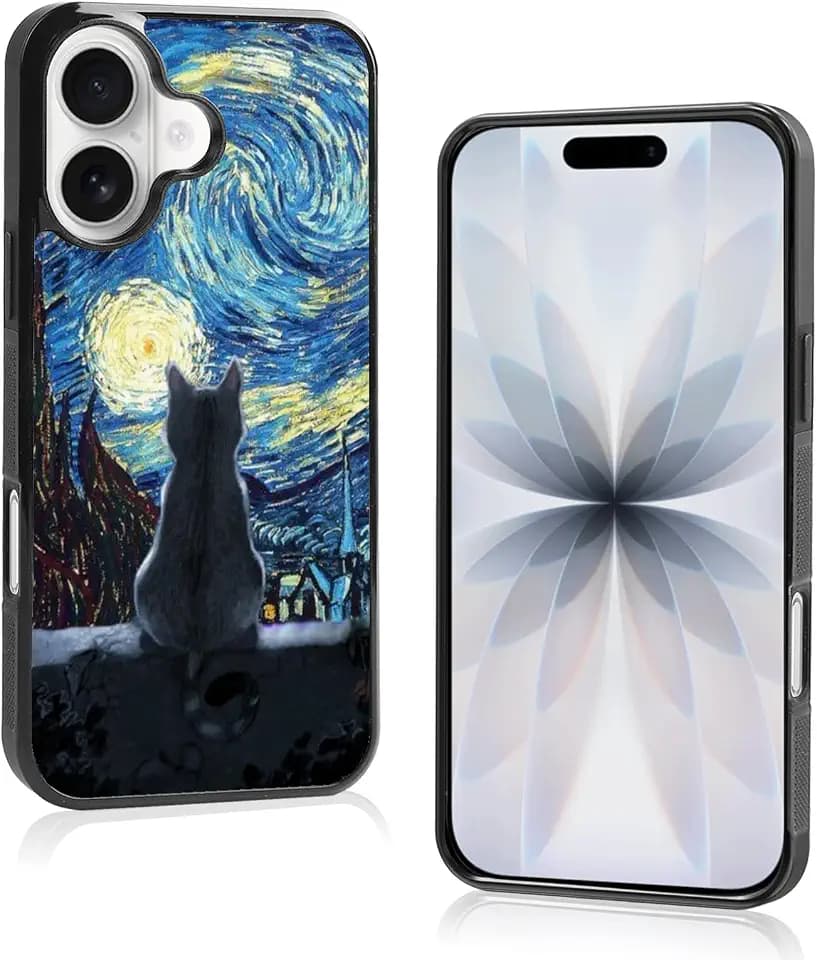 Black Cute Cat Phone Case，Van Gogh Cat Compatible with iPhone 17 Case, Non-Slip Pattern Design and Soft Silica Gel Frame Support for Teen Girls and Sisters（17）