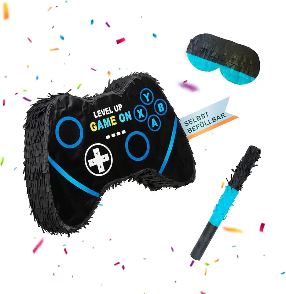 Relaxdays Pinata Gamer, Stab & Maske, Partypinata Kinder, schwarz
